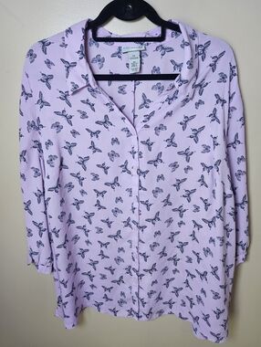 Catherines Purple Butterful Button 3/4 Sleeve Lightweight Spring Blouse Plus 2X